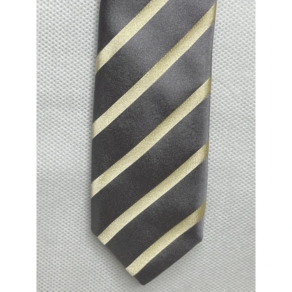 Brioni Classic Thick Repp Silk Striped Tie Gray Yellow Handmade Italian Necktie